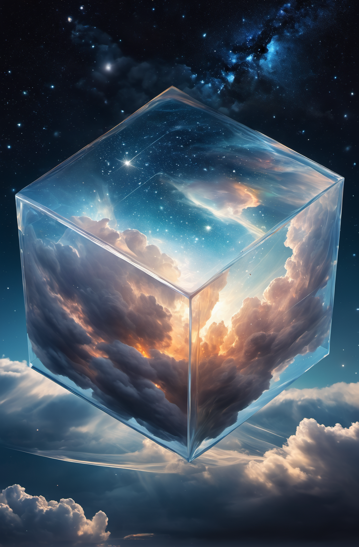 Bosch-style, a translucent cube traps eerie clouds, the starsscape warps, time distorts, surrealism reigns, stars, Glowing...